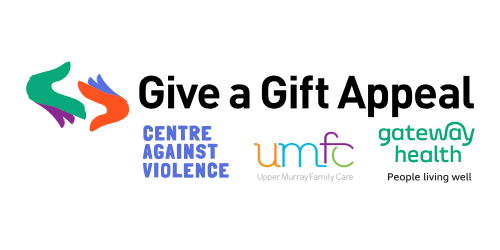 Give a Gift Appeal 2025 with logos for UMFC, Centre Against Violence, and Gateway Health